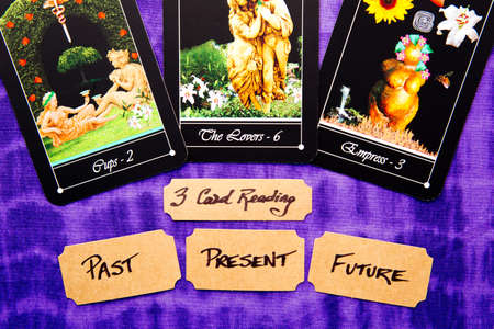 Past, Present and Future 3 card Tarot readings with deck of Tarot cardsの写真素材