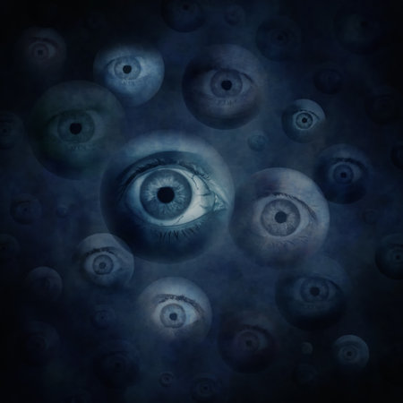 Surreal montage of floating eyes against a dark background.の写真素材