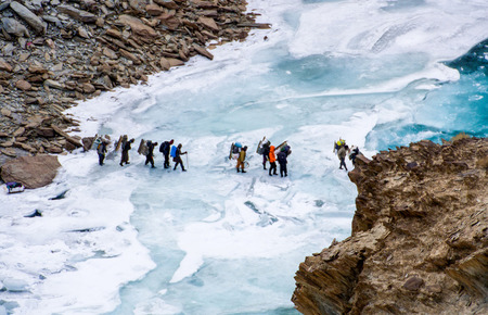 People Crossing Frozen Zanskar River. Chadar Trekの写真素材