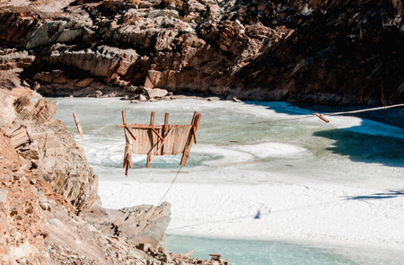 Freeze river and broken wooden bridge. Zanskar River. Leh Ladakhの写真素材
