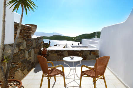 Greece, Ios sunny day, Europe. Mountain and ocean viewの写真素材