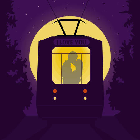 Couple kissing in the tram at night. Romantic background - full moon and stars. Vector illustration with organized layers.のイラスト素材