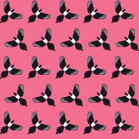 Seamless geometric pattern with flying magpie on red backgroundのイラスト素材