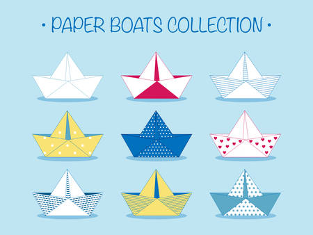 Set of nine cute origami paper boats or ships with different patterns and decorations. Sea theme. Vector illustration.のイラスト素材