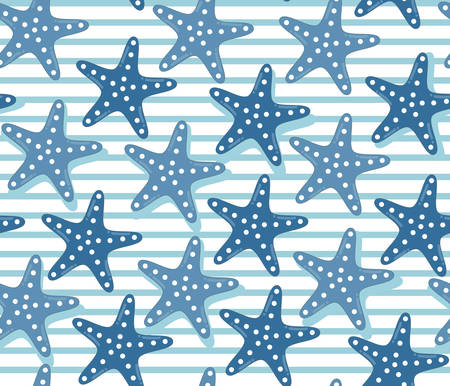 Colorful starfish pattern with stripes, cartoon style. Bright and simple denim palette for textile, scrapbooking, wallpaper and bags. Dark and light blue jeans color mix.のイラスト素材