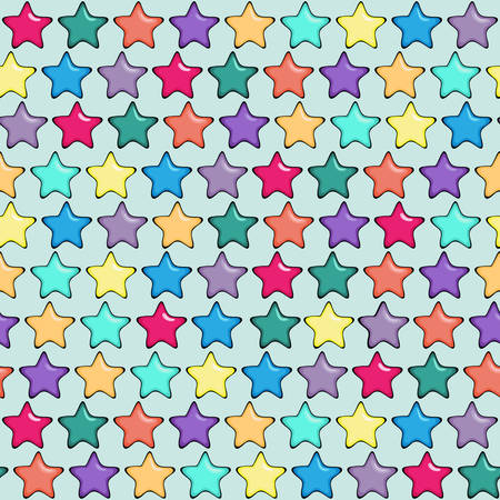 Seamless pattern with five-finger or five point bright stars having highlights and volume. Cartoon styled colorful background with hand drawn effect. Vector illustration.のイラスト素材