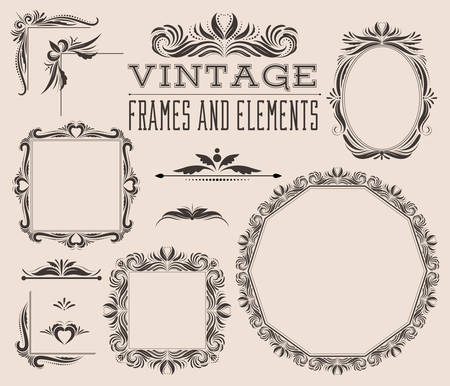 Set of empty vector monochrome frames, corners and borders, vintage victorian style with leaves, curls and swirls. Decorative template collection for pictures and photos. Retro design for albums, menu, brochures and labels.のイラスト素材