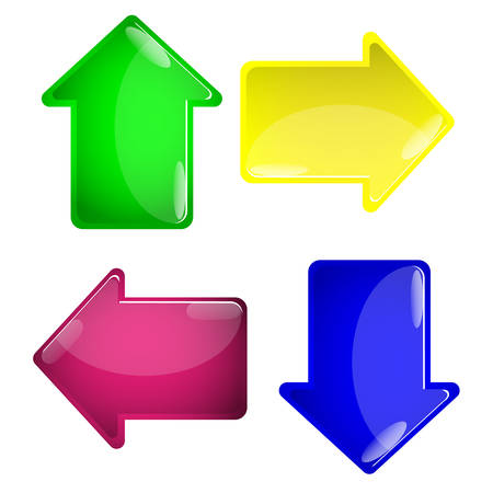 4 glossy arrow buttons. Color variation on white background. 3d volume effect. Colored glass icons for web and game apps. Vector illustration design elements.のイラスト素材