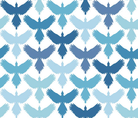 Seamless pattern, bird contour with spread wings, front view. Freedom concept background. Light blue and dark blue silhouettes on white background. Vertical rows. Vector illustration.のイラスト素材