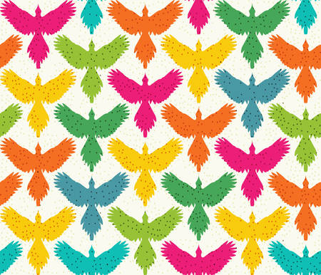 Seamless pattern, bird contour with spread wings, front view. Freedom concept background. Colored silhouettes on beige background, dotted texture. Vertical rows. Vector illustration.のイラスト素材