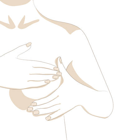 Hands performing monthly breast self exam. Female chest, part of torso. Breast tumor, cancer problem illustration. Cute cartoon style vector. For flyers, brochures, web, health centers and hospitals.のイラスト素材