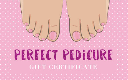 Pedicure gift certificate for a nail salon. Cute feminine design with pink toenails. Template with hand drawn feet, beauty and health concept. Vector illustration.のイラスト素材