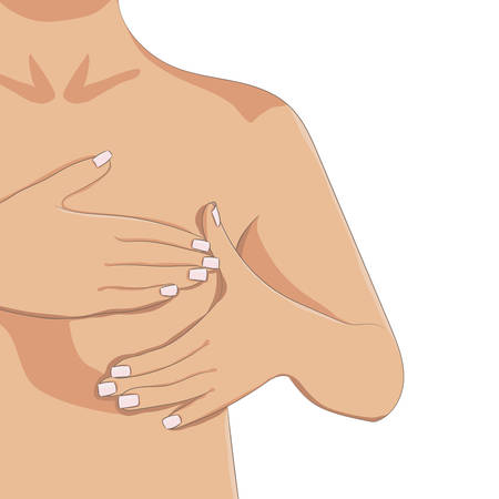 Hands performing monthly breast self exam. Female chest, part of torso. Breast tumor, cancer problem illustration. Cute cartoon style vector. For flyers, brochures, web, health centers and hospitals.のイラスト素材
