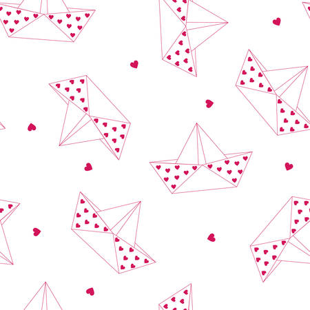 Cute pattern with origami paper boats or ships. Heart symbols, romantic and love journey theme. Seamless vector background.のイラスト素材