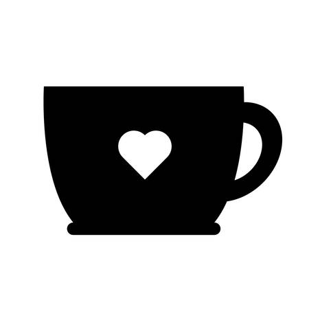 Silhouette of tea or coffee cup, front view. Wide round low mug with heart symbol. Simple vector contour isolated on white background. Graphic icon.のイラスト素材