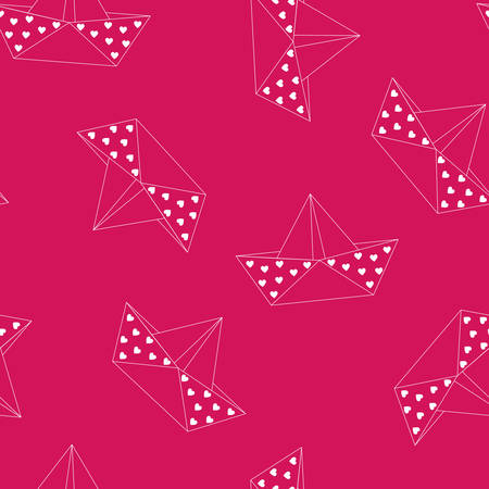 Cute pattern with origami paper boats or ships. Heart symbols, romantic and love journey theme. Seamless vector background.のイラスト素材