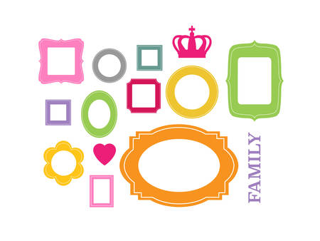 Set of cartoon picture frames organized as gallery wall. Blank colored frames isolated on white vector illustration. Balanced composition with decorative elements. Ready collage for photos or picturesのイラスト素材