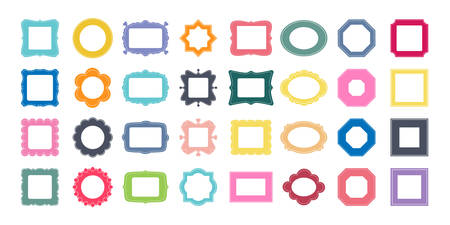 Mega set of decorative photo frames for your design. Different shapes: square, rectangle, round, oval, star, flower, octagon. Vector illustration. Big pack of 32 design elements.のイラスト素材