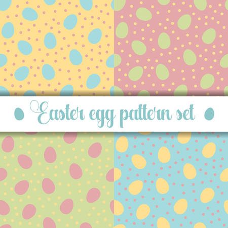 Set of seamless patterns with Easter eggs and dots. Colored backgrounds for wrapping paper, cards and scrapbooking. Nice pastel colors: pink, green, blue, yellow. Vector illustration.のイラスト素材