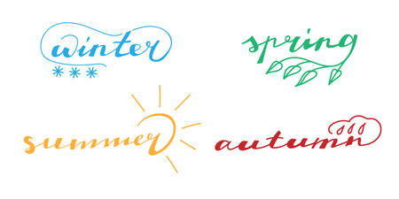Four season ink lettering words - winter, spring, summer, autumn. With decorative swirls - snowfall, leaf, sun, drop. Vector isolated on the white background.のイラスト素材