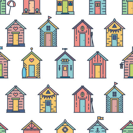 Beach hut pattern, flat line style, colored on white. Variety of designs with different decoration, bunting, surf board, fish, flower pot, life buoy, paddles, flags. Vector seamless background simple.のイラスト素材