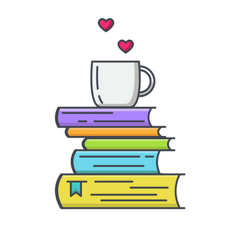 Colored line icon of pile of books and tea or coffee cup with heart symbols. I love reading concept for libraries, book stores and schools. Vector illustration isolated.のイラスト素材