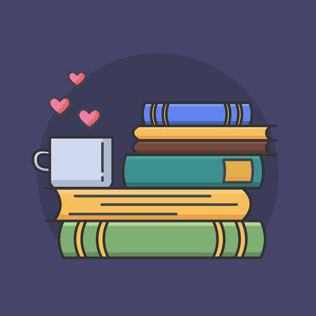Colored line icon of pile of books and tea or coffee cup with heart symbols. I love reading concept for libraries, book stores and schools. Vector illustration isolated.のイラスト素材