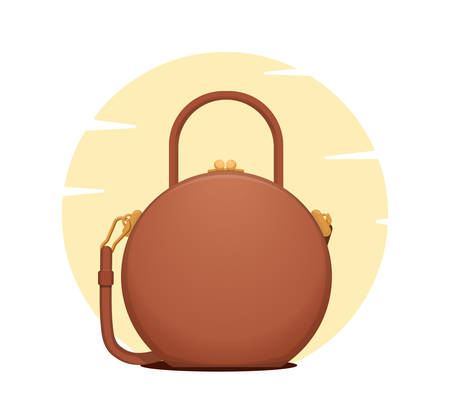 Vector illustration of woman bag, round shaped, beige, orange or brown color. Trendy circular shape, elegant silhouette, with handle, strap and ball clasp. Cute realistic style, orange background, isolated.のイラスト素材