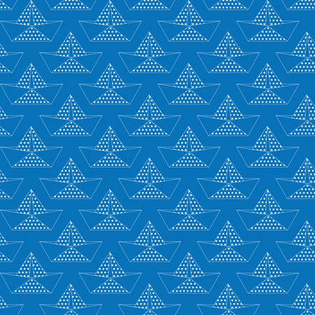 Origami paper boats or ships pattern.Sea romantic theme. Simple geometry seamless background, white and blue palette, vector illustration.のイラスト素材