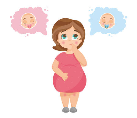 Vector illustration of cute young pregnant woman wondering about her future baby gender. Itâ€™s a boy or girl quiz. Expecting woman standing and thinking, newborn boy and girl in thought bubbles.