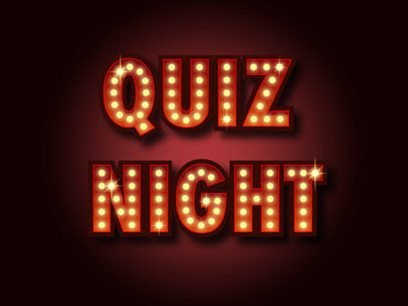 Quiz night announcement poster. Vintage styled light bulb box letters shining on dark background. Questions team game for intelligent people. Vector illustration, glowing electric sign in retro style.のイラスト素材