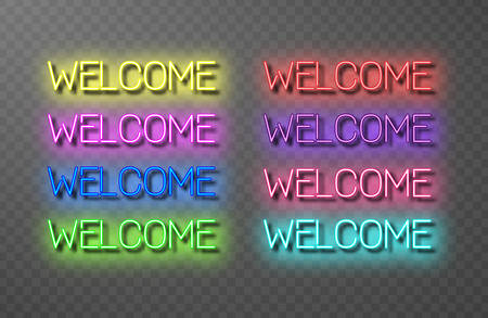 Set of neon welcome inscriptions of various colours. Glowing letters with shining effect on transparent background. Vector illustration isolated, neon electric lamp shapes in retro style.のイラスト素材