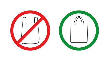 Pollution problem concept.No plastic bags allowed, use textile or paper sac.Prohibiting and allowing red and green signs.Simple pictograms for stores and shops.Vector illustration isolated on whiteのイラスト素材