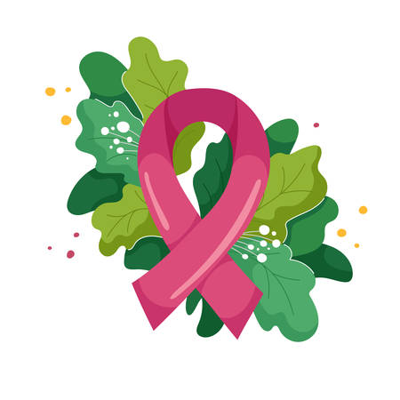 Composition of pink ribbon and lush foliage and flowers in modern flat style. Symbol of October Breast cancer awareness month. Vector illustration isolated on whiteのイラスト素材