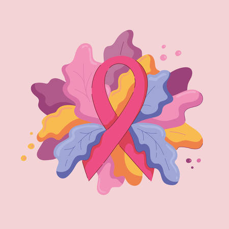Composition of pink ribbon and lush foliage in modern flat style. Blue, violet and yellow leaves, autumn theme.Symbol of October Breast cancer awareness month.Vector illustration on colored backgroundのイラスト素材