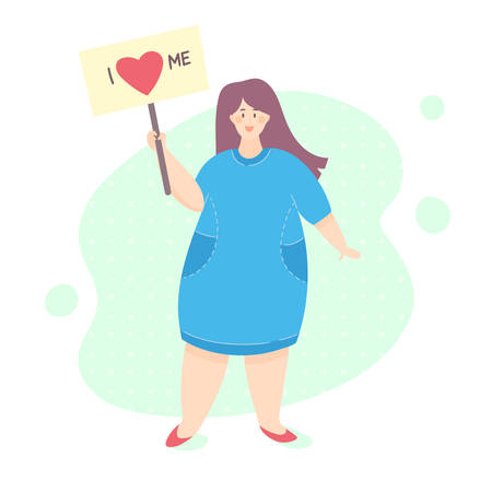 Love yourself and your body concept. Young plus size woman in blue dress holding  "I love me" sign as a symbol of self acceptance. Vector illustration, cute cartoon flat minimal style.のイラスト素材