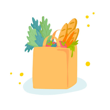Vector illustration of paper shopping bag with groceries. Food like carrot, tomatoes, greenery and baguette bread inside. No plastic bag pollution concept. Cartoon flat style.のイラスト素材