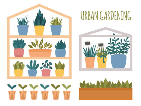 Urban gardening set with potted plants elements. Green mini house with pots, box and cups with sprout and seedling. Flat cartoon scandinavian style.のイラスト素材