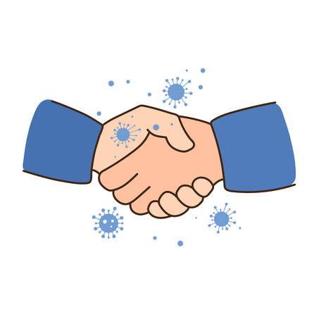 Warning about corona virus spread. Infection on hands. Handshake with dirty hands, coronavirus contamination. Vector illustration, cartoon flat style.のイラスト素材