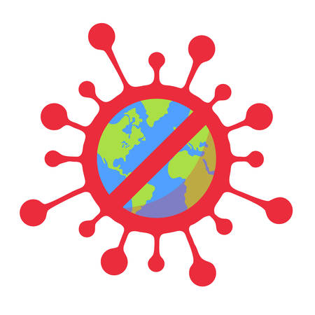 Coronavirus pandemic apocalypse concept. Novel corona virus epidemic all over the world. Alert sign combining virus shape and Earth globe. End of the world. Simple icon illustration.のイラスト素材