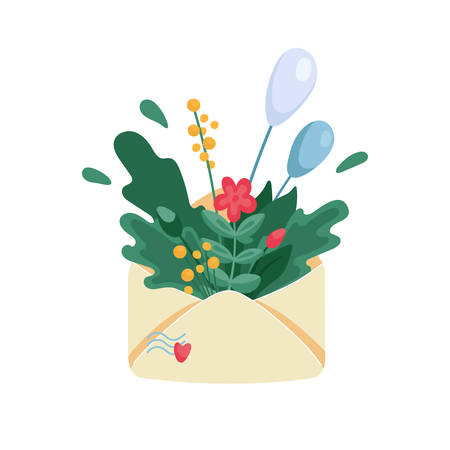 Bouquet of lush plants and air balloons in envelope. Assorted leaves and flowers. Flat cartoon vector illustration for romantic or greeting card.のイラスト素材