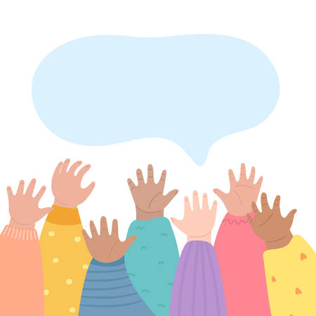Kids raising hands up. Many children arms together. Hands raised up, diversity and friendship concept. Vector illustration cartoon styleのイラスト素材