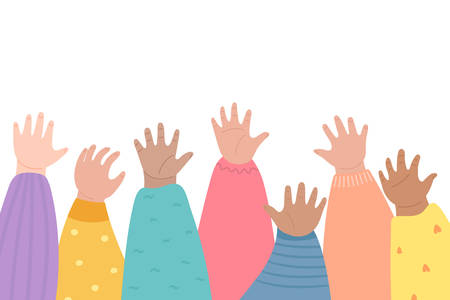 Kids raising hands up. Many children arms together. Hands raised up, diversity and friendship concept. Vector illustration cartoon styleのイラスト素材