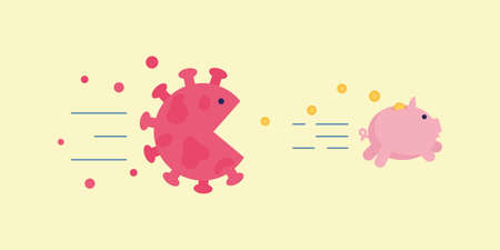 Angry coronavirus cell chase after piggy bank losing money trying to eat it. Coronavirus economy...