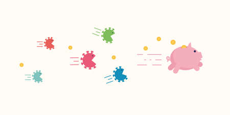Angry coronavirus cells chase after piggy bank trying to brake and eat it. Coronavirus economy crush