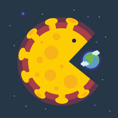 Coronavirus global impact on the world. Giant coronavirus cell swallows planet Earth.の写真素材
