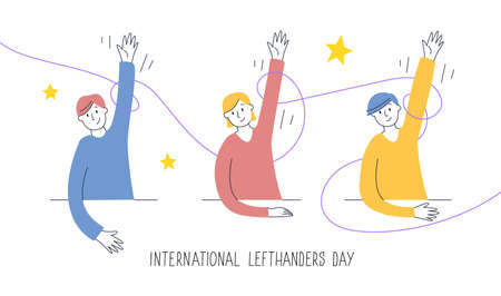 Happy Left-handers Day greeting card. Congratulate your lefty friend. August 13, International Lefthanders Day. Children rise left hands proudly, support and unity concept. Vector illustration.のイラスト素材