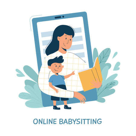 Virtual sitter, online babysitting service, remote teaching concept. Entertaining the kids via internet. Friendly female nanny on your phone.Vector illustration, modern flat style.のイラスト素材