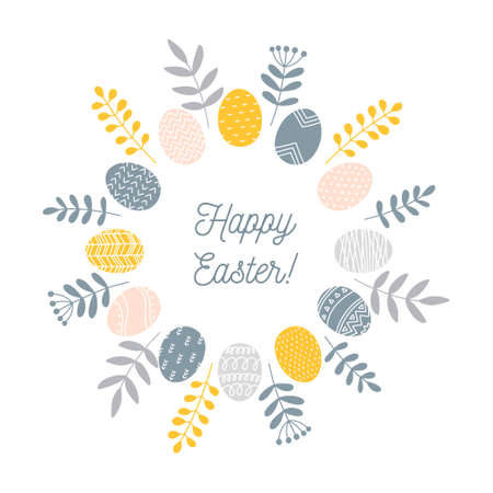 Round Easter wreath with painted eggs and floral branches and leaves, minimalist Scandinavian nordic folk style, vector illustration isolated.のイラスト素材