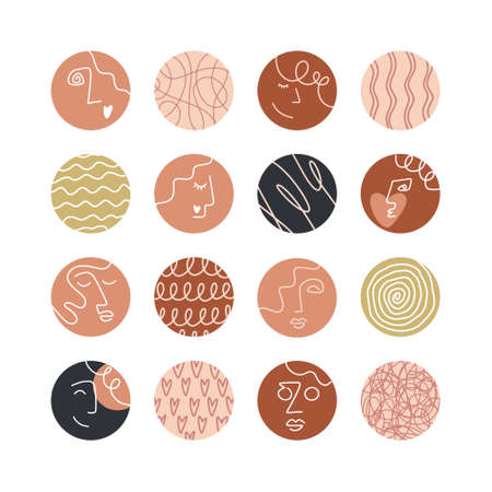 Collection of creative social media highlight covers, beauty, love, psychology theme. Design stories round icon collection. Abstract female and male faces, heads, hair, hearts. Vector illustration.のイラスト素材